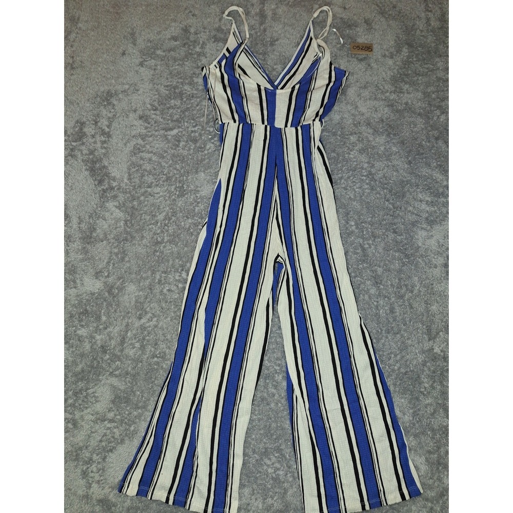 Love Tree Striped Jumpsuit Wide Leg Sleeveless Casual V Neck Blue White M, Party